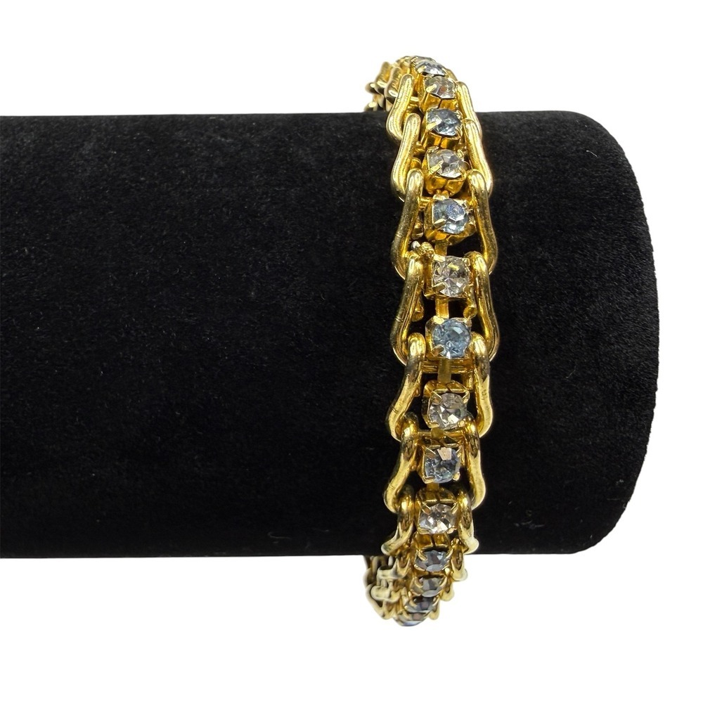 Vintage Gold Tone Link Bracelet Clear and Blue Glass Rhinestones Accents Jewelry